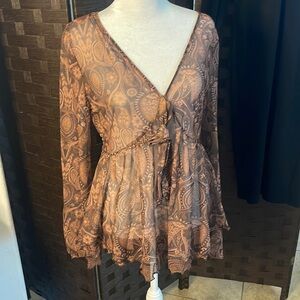 Brown, paisley, longsleeve, sheer top